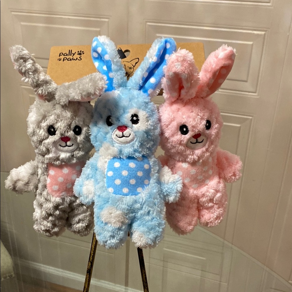 Beautiful Pally Paws Set Of 3  Plush Bunnies - Gray, Blue, Pink With Squeaker